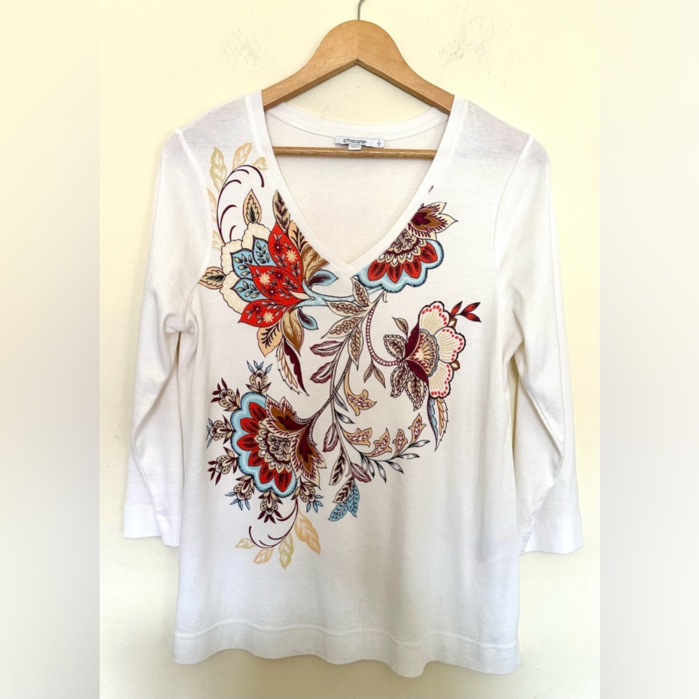 Chico's Long Sleeve Pima Cotton Top Cream Multicolor Floral Pullover Sz Medium‎
